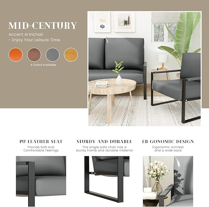 Recaceik Leather Accent Chairs Set of 2 Modern Armchair with Extra-Large Ergonomic Cushion Sturdy Metal Frame Anti-Scratch Foot Mats Single Sofa Chair for Living Room