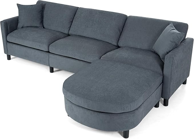kevinplus 107.87'' Sectional Sofa Couch with Curved Convertible Ottoman for Living Room Modern 3-Seat L-Shaped Upholstered Sectional Couch Sofa for Apartment Polyester Fabric Gray