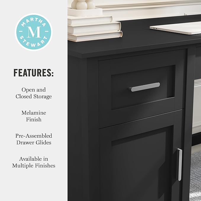 Martha Stewart Hutton Shaker Style Home Office Desk with Storage in Black with Brushed Nickel Hardware