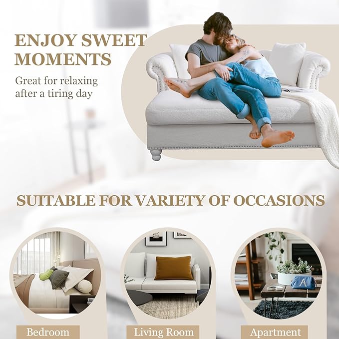 63 Loveseat Chaise Lounge Couch with 2 Pillows Upholstered Teddy Velvet Loveseat Chaise Sofa with Tufted Back Roll Arms 2-Seater Couch for Living Room Apartments Office(White)