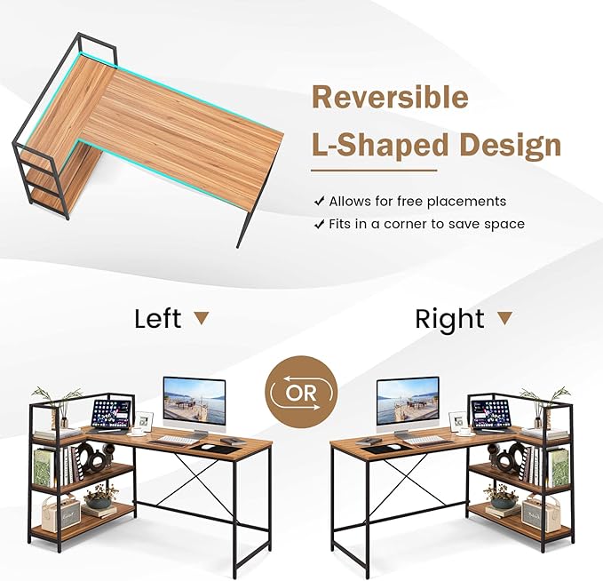 Tangkula Reversible L-Shaped Computer Desk Space Saving Corner Desk with 3-Tier Storage Shelves &amp Metal Frame Modern Executive Home Office Desk PC Laptop Desk Workstation for Small Space (Walnu