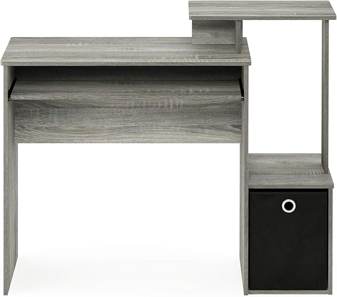 Furinno ECON Desk 40 Wide Gaming Desk with Keyboard Tray Computer Desk Office Desk with Side Shelves and Storage Bin for Home Office Grey Oak
