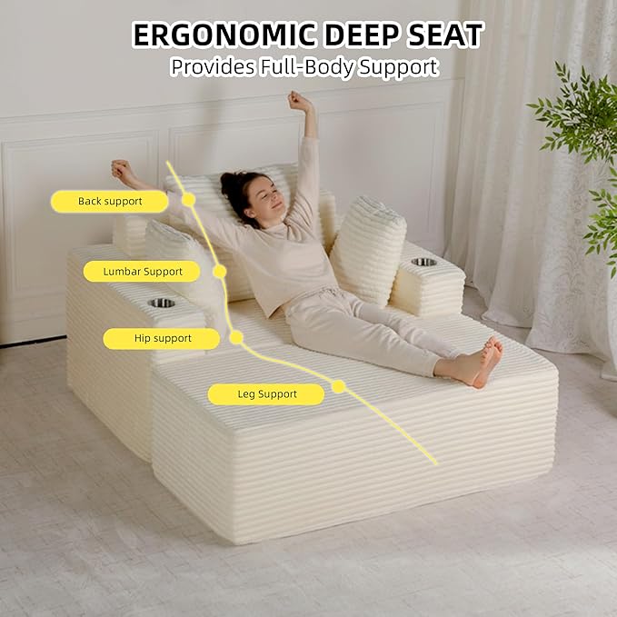 54W Oversized Chaise Lounge Chair Indoor Boneless Chaise Lounge Couch Convertible Comfy Reading Chairs Corduroy Sleeper Chair Couches for Living Room Compression Sofa with Ottoman Beige