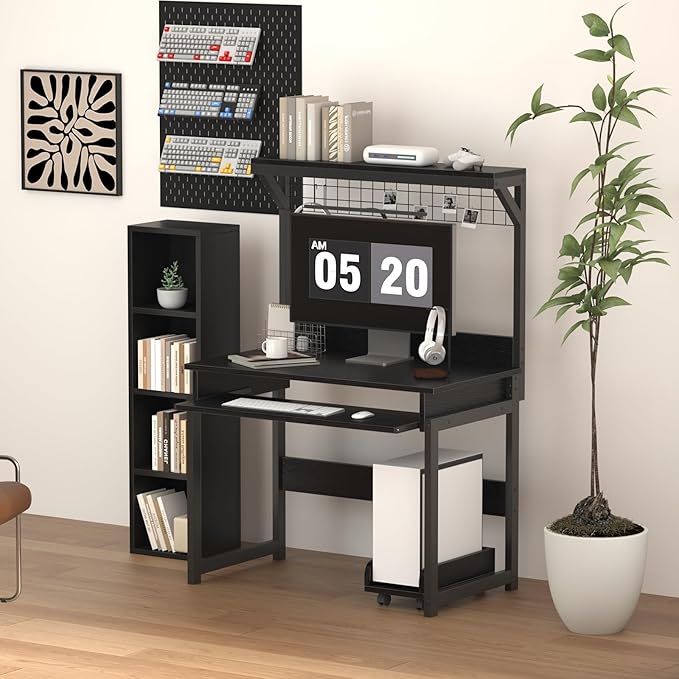 Gaming Computer Desk with Storage Shelves &amp Keyboard Tray 31.5 inch Desk for Small Spaces Home Office Desk with Host Rack for Living Room Study Room (Black)