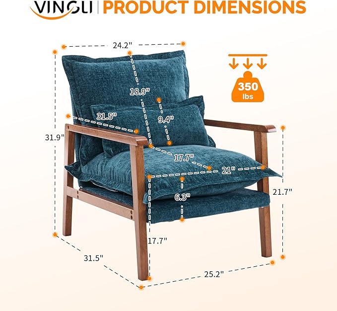 VINGLI Mid-Century Modern Cloud Accent Armchair with Lumbar Pillow 6.3'' Thick Seat Cushion Comfortable Reading Chair with Wooden ArmrestsBoho Lounge Chair for Bedroom Living Room Chenille Teal