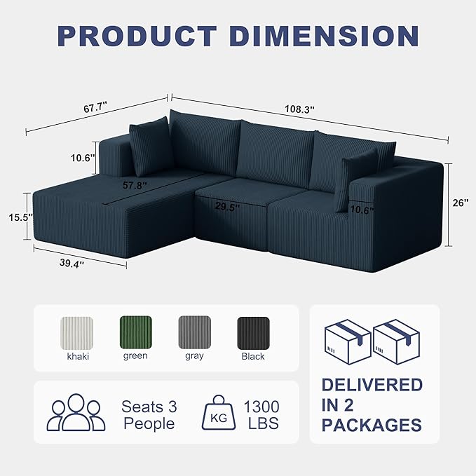 108 Boneless Couches for Living Room Modular Cloud Couch Sofa - L Shap Corduroy Sectional Sofa Fluffy Memory Foam Sleeper Sofa Furniture No Assembly Wide Armrest Navy Blue