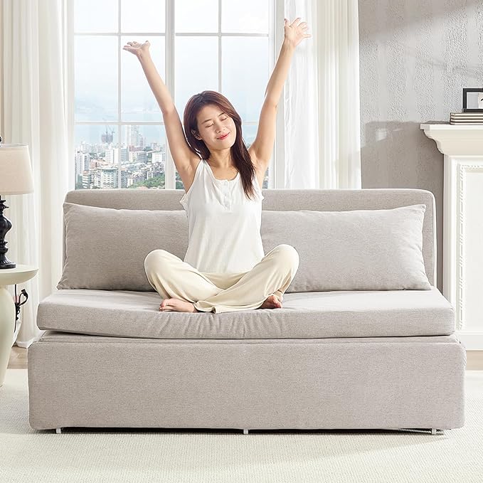 BALUS 43 W Queen Size Sleeper Couch Bed Pull Out Sofa with Pullout Beds 2 in 1 Convertible Linen Single Sleepers Sofas Chair with Foldable Mattress and Pillows for Small Space Apartment Beige