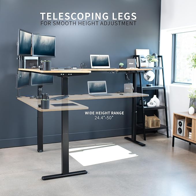 VIVO Electric Height Adjustable 83 x 60 inch Corner Stand Up Desk 2 Solid Bamboo Table Tops Black Frame Memory Controller L-Shaped Workstation 3E Series DESK-KIT-3E8BO