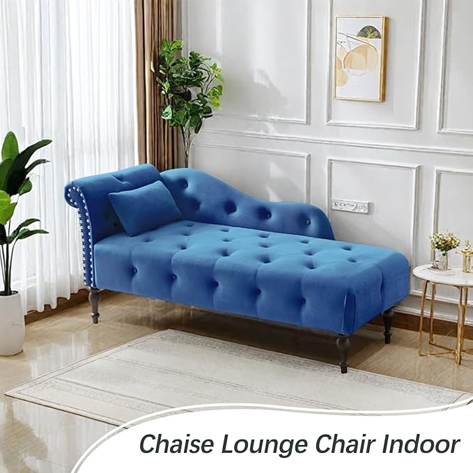 60 Modern Velvet Chaise Lounge IndoorUpholstered Lounge Chair with Left Armrest and Lumbar Pillow Button Tufted Lounge Sofa for Living Room Bedroom OfficeMini Chaise Longue Sofa (Blue)