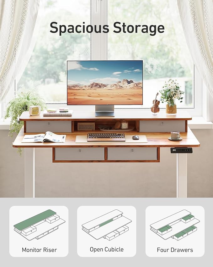 FEZIBO 48 x 24 inch Standing Desk with Drawers Height Adjustable Electric Workstation Computer Sit Stand Up Table with Large Storage Shelf 4 Drawers and 2 Hooks Light Rustic Brown