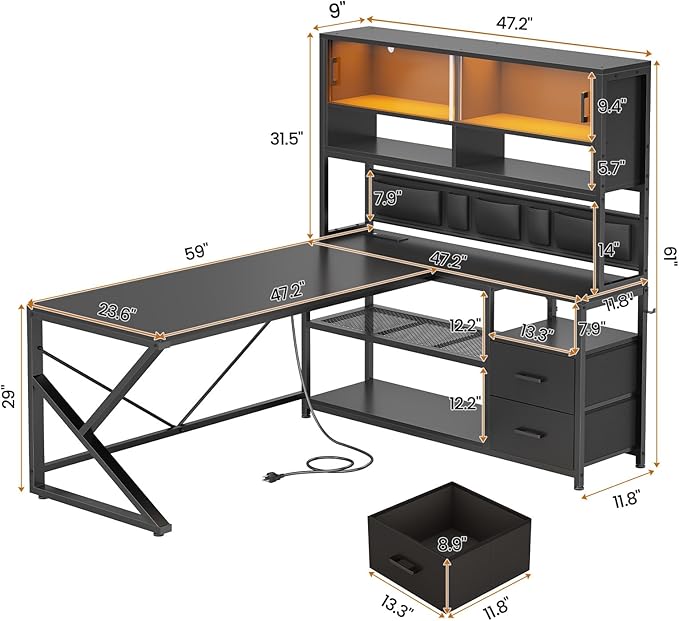 SEDETA L Shaped Gaming Desk Home Office Computer Desk with 2 Drawer and Bookshelf L Shaped Gaming Desk with LED Light Glass Cabinet and Storage Bag Corner Desk with Storage Shelves Black