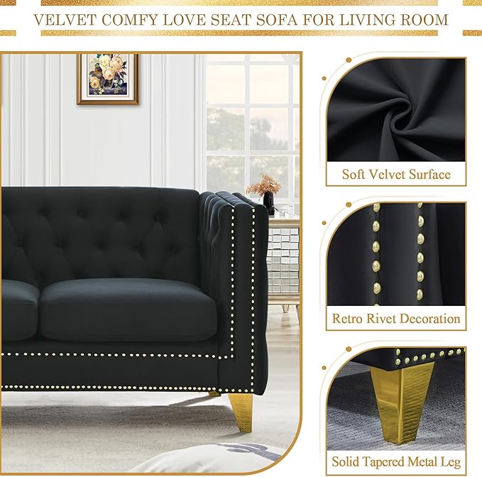 Velvet Living Room Sofa Set of 2 Comfy Loveseat and 3 Seater Couch Modern Sofa with Tufted Back and Rivet Decoration Upholstered Long Couch with Solid Golden Metal Tapered Legs Black