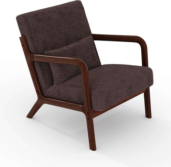 Garvee Mid-Century Modern Accent Chair Sherpa Upholstery Solid Wood Armchair with Removable Lumbar Pillow Sturdy Reading Chair for Living Room Bedroom Guest Room Easy Assembly Brown
