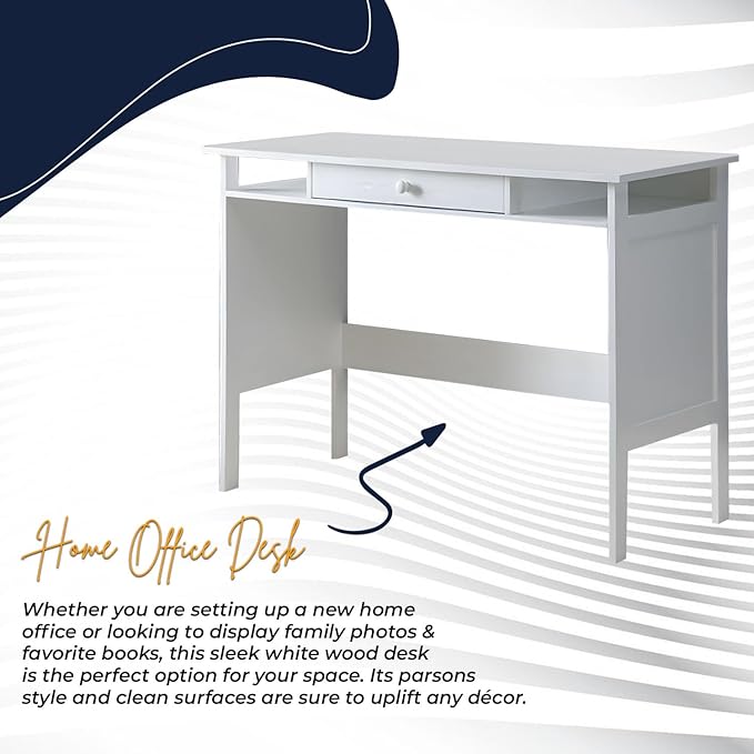 Kings Brand Furniture Home &amp Office Parsons Wood Desk with Drawer White
