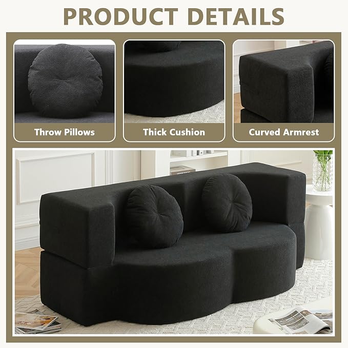 2-In-1 Futon Sofa Bed Foldable Couch with 2 Pillows Convertible Foldable Sofa Bed Folding Sofas Beds for Living Room Guest Room Apartment Office Lazy Sleeper Comfy No Assembly (Black)