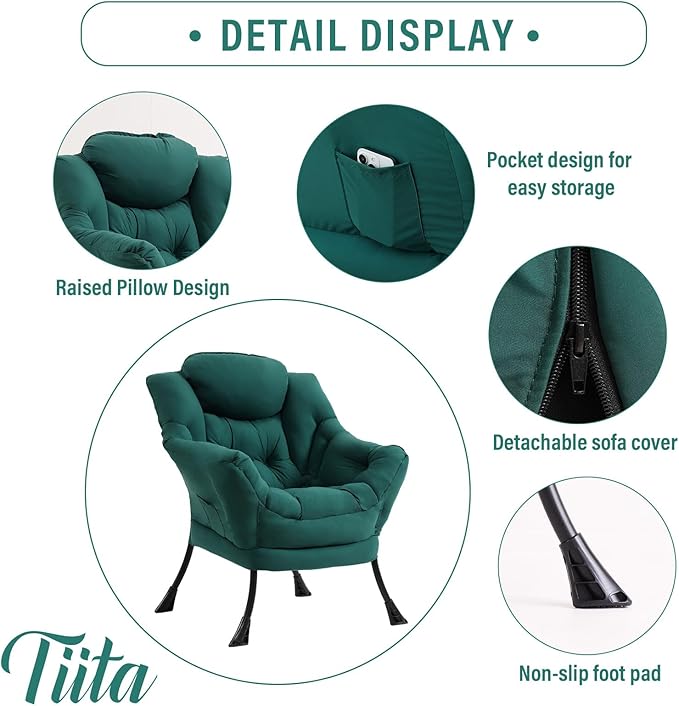 Tiita Lazy Chair Green Modern Large Accent Armchair Comfy Leisure Sofa Reading Chair for Bedroom Living Room Dorm Rooms Garden and Courtyard Green