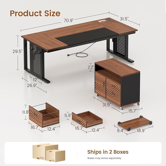 SEDETA 71 Executive Desk with Rolling File Cabinet Large Office Desk with Drawers L Shaped Computer Desk with Power Outlets CPU Stand Pegboard and Storage Shelves Brown