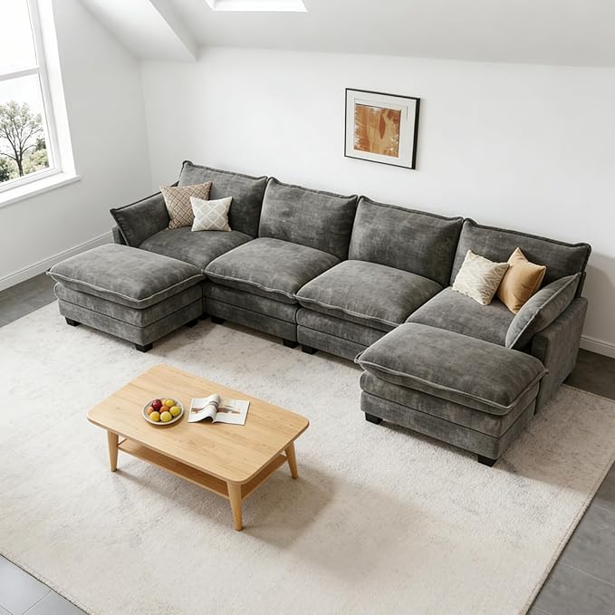 Modular Sectional U Shaped Sofa Couches for Living Room Cloud Couch with Movable Ottoman Comfy Chenille Sofa with Pillow for Bedroom and ApartmentDark Gray