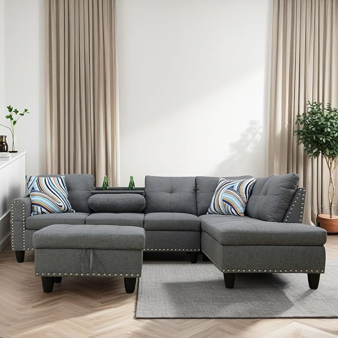 L Shaped Couches for Living Room Sectional Couch Living Room Furniture with Storage Ottoman Modular Sectional Sofa with Movable Chaise for Apartment Office Grey