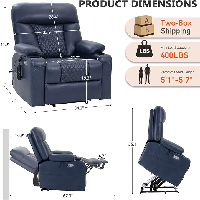 EONIX Small Power Lift Recliner Chair for Elderly with Heat and Massage 400lbs Heavy Duty Electric Recliner Chairs for Adults with Cup Holders and USB Charging Ports SLRY019020 Navy Blue