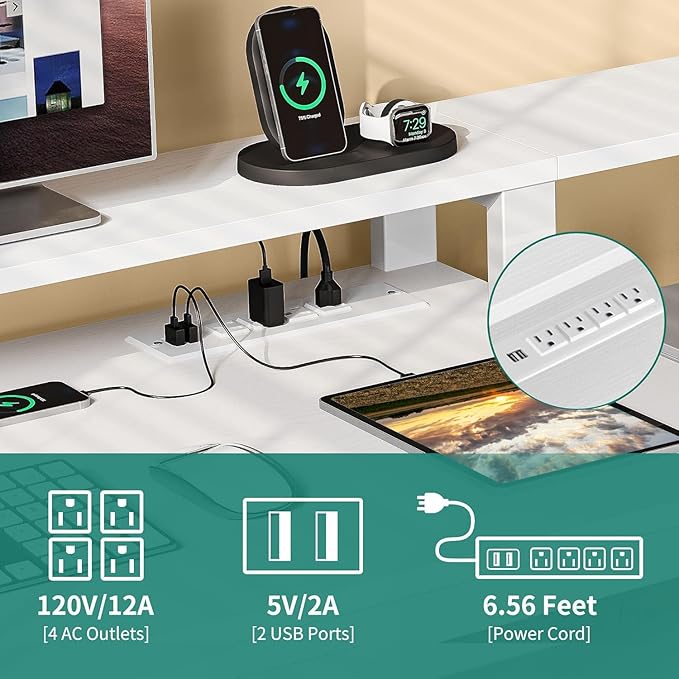 DWVO L Shaped Desk with 3 Drawers 65 Corner Computer Desk with Power Outlets &amp LED Lights L-Shaped Desk with File Cabinet &amp Printer Stand for Home Office White