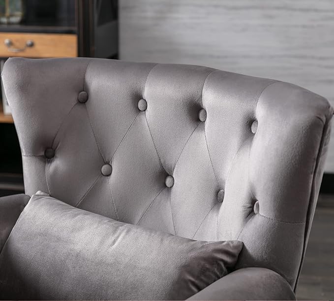 Mid Century Modern Accent Chair Upholstered Armchair Comfy Velvet Fabric Single Sofa with Tufted Wingback for Small Spaces Bedroom Living Room Grey