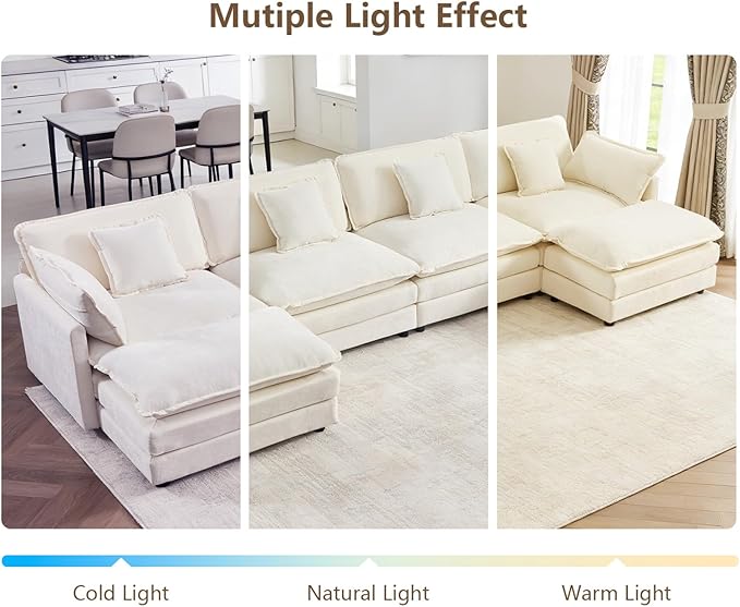 Oversized Modular Sectional Sofa Large U Shaped Couch with Deep Seat Chenille Cloud Couches for Living Room Convertible 6 Seater Sectional Sofa for Spacious Space Beige White