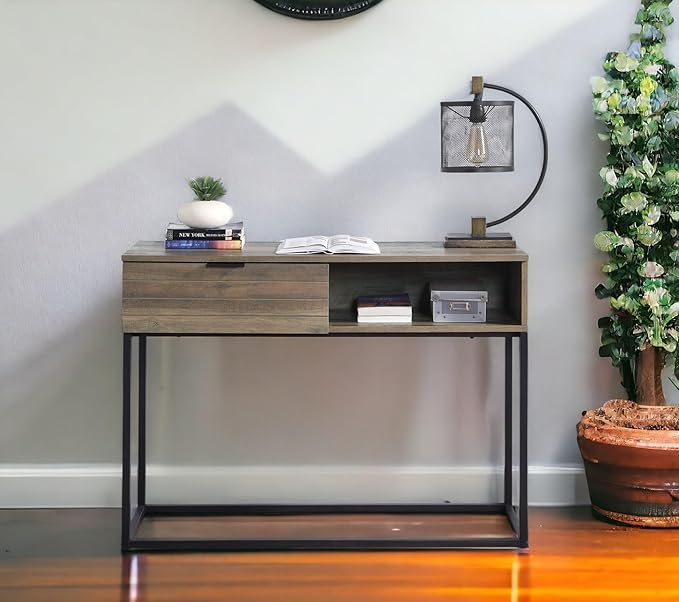 Penau Rustic Oak Writing Desk with Black Metal Legs Compact Home Office Desk Modern Industrial Style Ample Storage Space