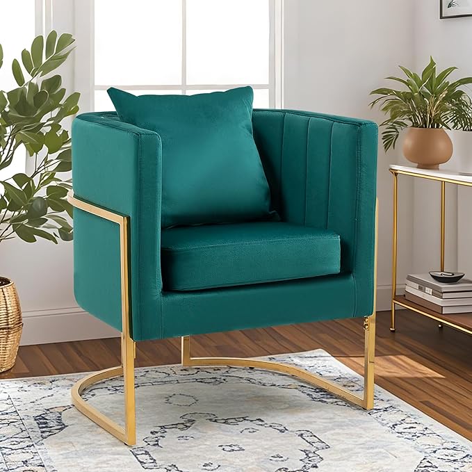 Velvet Modern Accent Chairs Set of 2 Upholstered Barrel Armchair Mid Century with Pillow for Living Room Comfy Single Vanity Chair with Metal Gold Legs for Bedroom Green