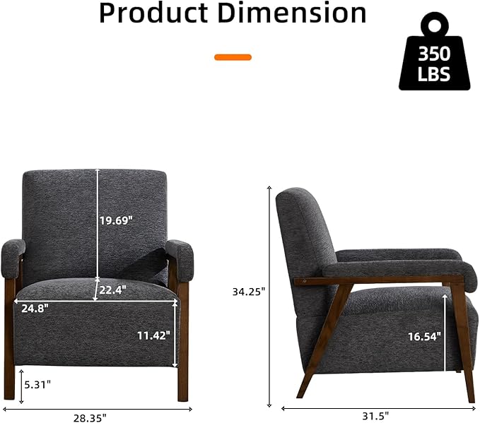 Mid Century Modern Accent Chair Upholstered Armchair with Thick Seat Cushion and Solid Wood Frame Thick and Comfy Innerspring Seat Cushion Short Plush Fabric Arm Chair for Living Room(2Dark Grey)