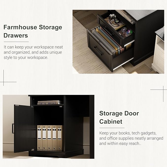 Unikito Farmhouse L Shaped Executive Desk with File Drawers 60 Corner Computer Desk with Power Outlets Large 2 Person Home Office Table with Storage Cabinet Sturdy Writing Desk Black