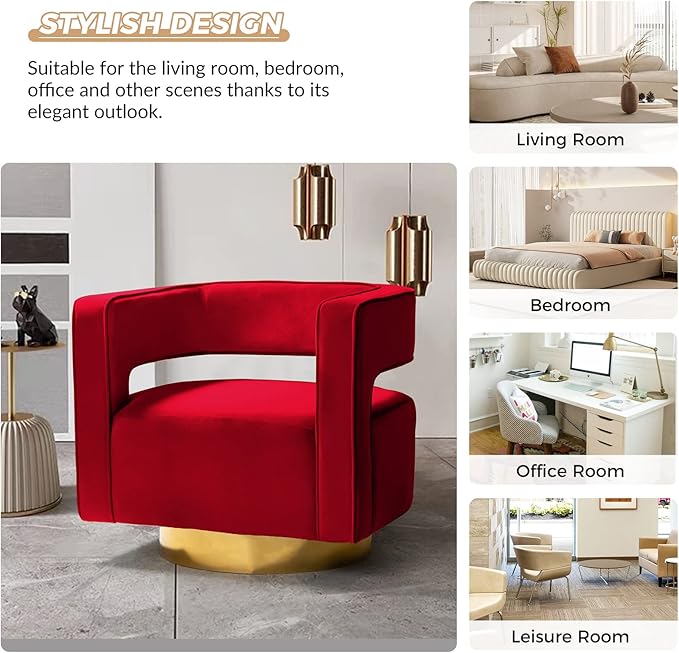 TINA'S HOME Swivel Accent Barrel Chair Modern Velvet Armchair with 3D Curved Open Back &amp Swivel Gold Metal Base Upholstered Club Chair for Living Room Bedroom Nursery Red(No Assembly Required)