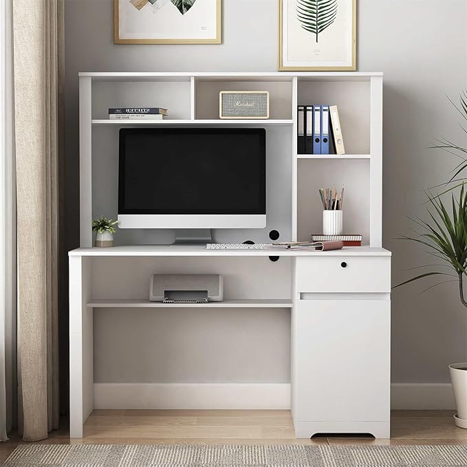 VERYKE Home Office DeskComputer Desk with Hutch and DrawerWriting Desk with 3 AC OutletModern Office Desk with 2 USB Charging Ports for Study RoomLiving Room (White)