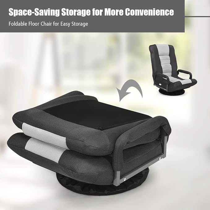 Giantex Floor Chair 360 Degree Swivel Chair with Adjustable Backrest Lumbar Support Armrest Foldable Lazy Sofa Rocker for TV Reading Playing Video Games Black/Grey