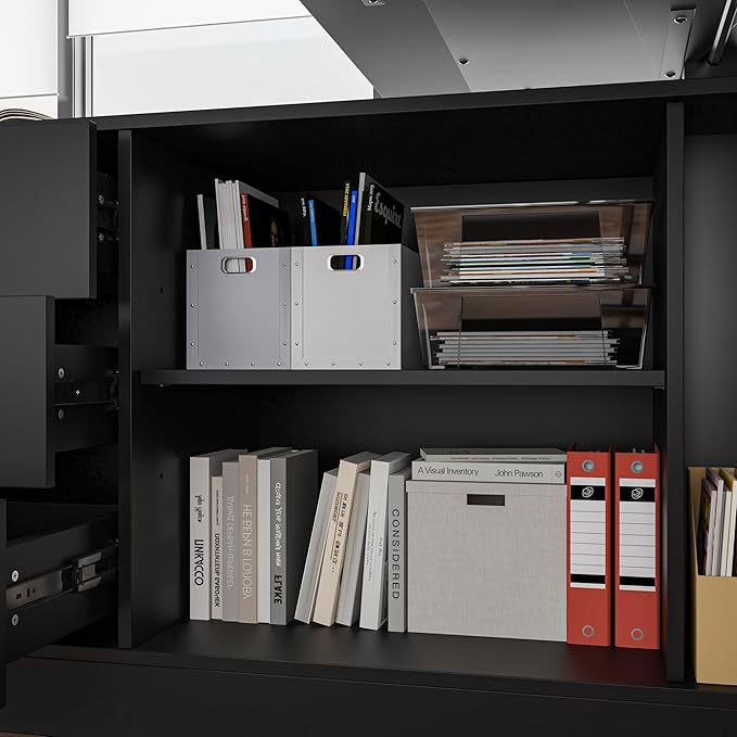 Homsee Home Office L Shaped Electric Standing Desk with Drawers and Shelves Height Adjustable &amp Shape Reversible Stand up Desk 63 Computer Executive Corner Table Black