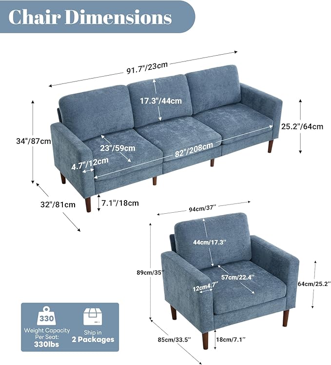 Kingfun 91.7 3 Seater Sofa with Chair Chenille Couch Mid Century Modern Couches with Solid Wood Legs for Living Room &amp Bedroom Light Blue
