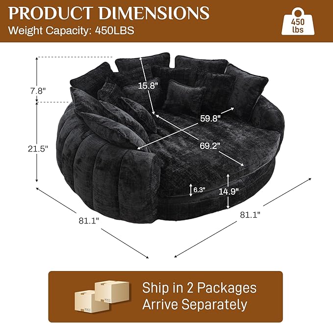 81 Round Sofa Bed Big Bean Bag Round Chaise Lounge Oversized Round Couch Boneless Reading Chair Plush Fluffy Chenille Large Chaise Chair for Living Room Bedroom Apartment Black