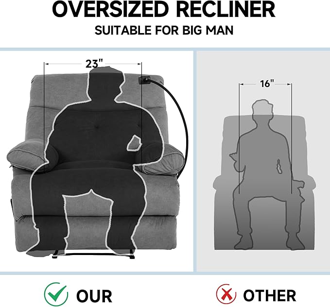 Oversized Recliner Chairs for Adults Manual Large Recliners Big Mans Recliner Chair Extra Wide Single Reclining Sofa Chair for Living Room RV Grey