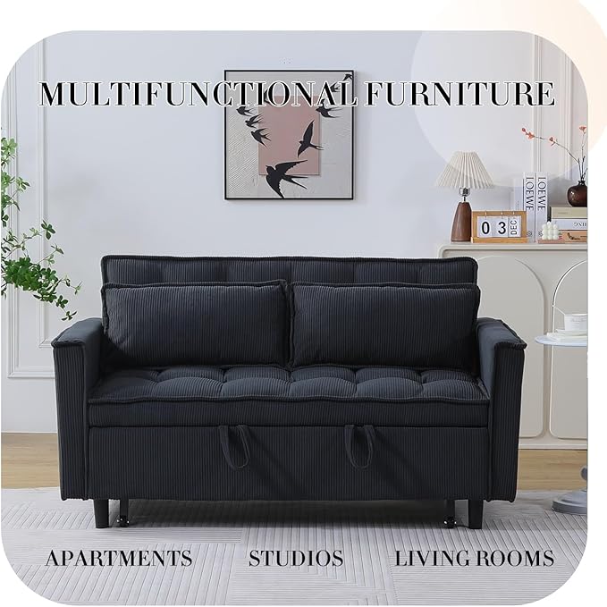 3 in 1 Corduroy Convertible Sofa Bed Pull Out Couch Bed with Reclining Backrest and 2 Pillows 54 Full Size Loveseat Sleeper Sofa Futon Couch Beds Couches for Small Spaces Living Room (Black)