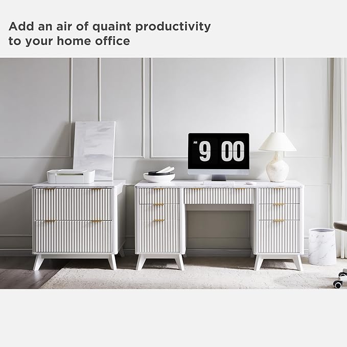 T4TREAM 60'' Fluted Executive Desk with Drawers Modern Home Office Computer Desk with Charging Station Keyboard Tray File Drawer and Storage Cabinet for Study Living Room Bedroom Solid White