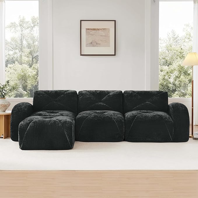 Black L-Shaped Sectional Couches for Living Room Velvet Fabric Boneless Couch No Assembly Cloud Modular Sectional Sofa with 1 Ottoman Foam Couch Compressed Sofa Set for Apartment Sofas para Sala