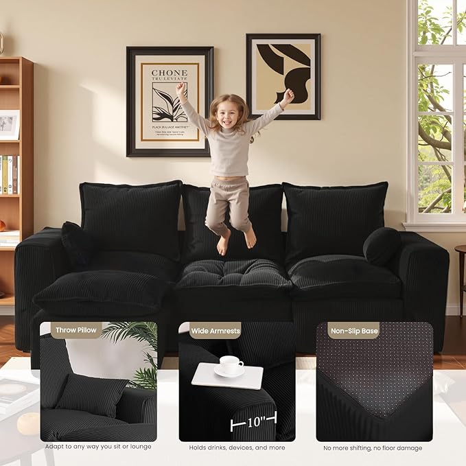 DOPEDIO 107 Cloud Modular Sectional Sofa with Ottoman &amp L-Shaped Chaise Deep Seat Boneless Couch in a Box for Living Room Upholstered Comfy Sofa No Assembly RequiredBlack