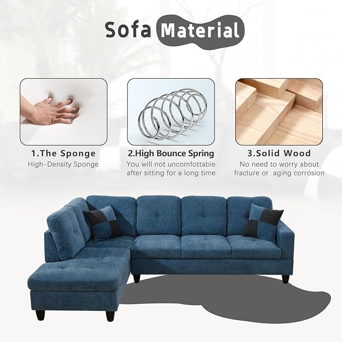 L-Shaped 3-Piece Flannel Sofa with Storage Ottoman Set Sectional Couch Sofa Set for Living Room Office Small Space Blue
