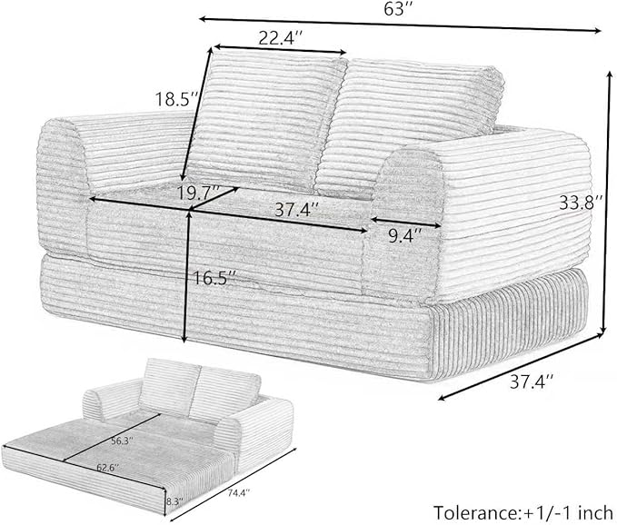 Foldable Boneless Love Seat Couches in a Box Modern Floor Foam Sleeper Sofa Bed 2-in-1 Convertible Cloud Sofa for Home Apartments Bedroom