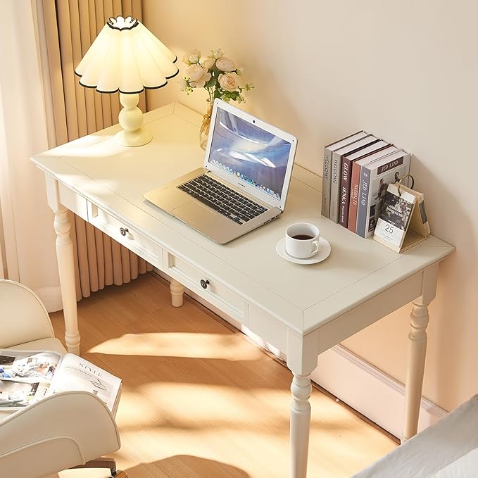 Bedroom simple Dressing Table Home Office Computer Desk with 2 Storage Drawers French Country Table 47W French Provincial Corner Desk Table with Carved Legs Farmhouse Living Room Bedroom Office