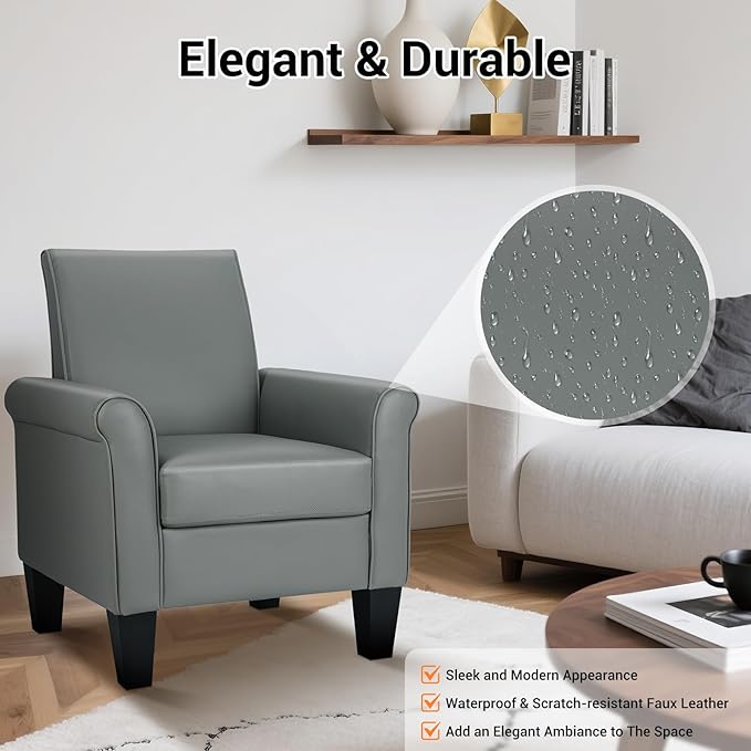 Lohoms Mid-Century Modern Accent Chair Overstuffed Leather Chairs for Living RoomUpholstered Comfy Club Chair Fake Faux Leather Armchair for Bedroom Apartment Office Lounge PU Leather Grey