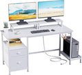 Furologee 47 Computer Desk with File Cabinet and Power Outlets Home Office Desk with 2 Monitor Stands and Storage Drawer Writing Gaming Table with Shelves and 2 Hooks for Bedroom White