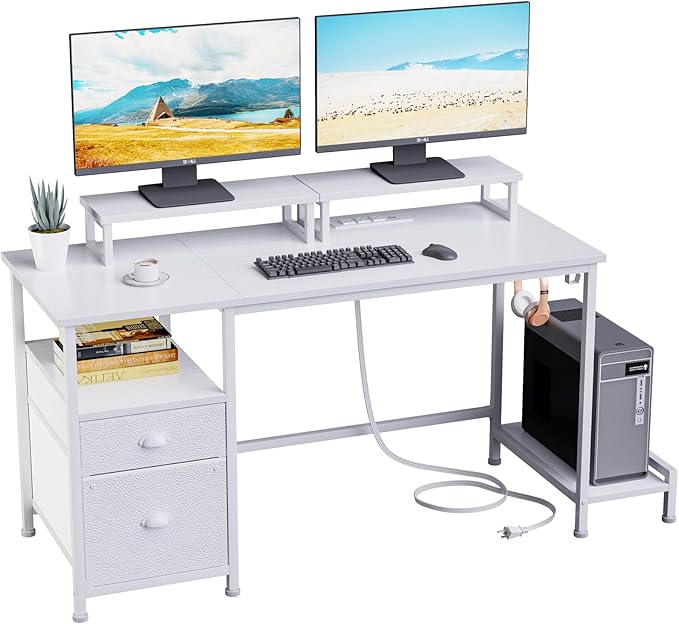 Furologee 47 Computer Desk with File Cabinet and Power Outlets Home Office Desk with 2 Monitor Stands and Storage Drawer Writing Gaming Table with Shelves and 2 Hooks for Bedroom White
