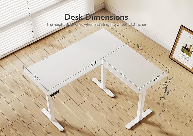Claiks L Shaped Standing Desk Adjustable Height Dual Motor Electric Corner Standing Desk 63x55 inch Sit Stand up Desk with Splice Board White
