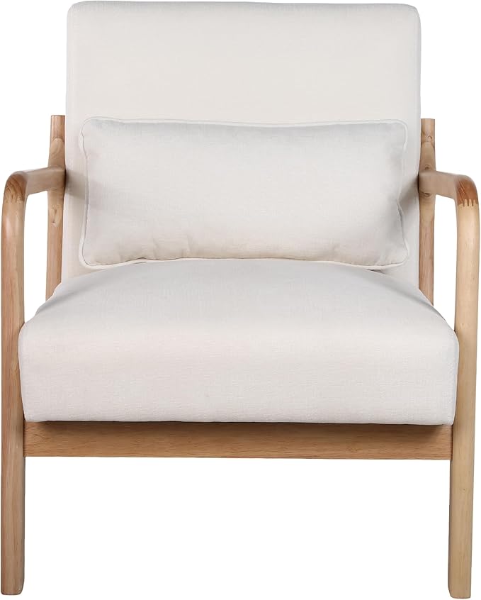 Mid Century Modern Accent Chair with ArmrestsSolid Wood Frame Cushioned Seat &amp Backrest Easy Assembly Ideal for Living Room Bedroom Office Oak Beige